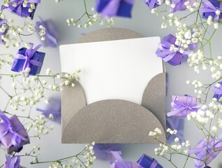 A multi-layered postcard made of gift boxes in a fashionable, trendy very peri color with white flowers on a foggy background. Happy women day and Valentine's Day greeting card concept