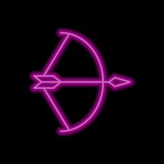 Bow and arrow simple icon. Flat desing. Purple neon on black background.ai