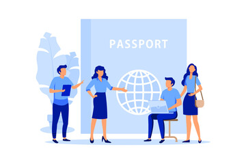 travel concept, a man sits near a passport and chooses a direction where to go, business trip flat vector illustration 