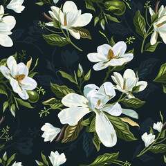 Seamless pattern with white magnolia flowers on a dark background. Vector realistic flowers, branches, leaves