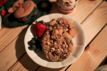 Chocolate cookies on dark background. Freshly baked. Selective Focus with Copy space.