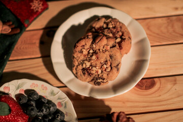 Chocolate cookies on dark background. Freshly baked. Selective Focus with Copy space.