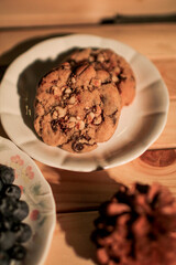 Chocolate cookies on dark background. Freshly baked. Selective Focus with Copy space.