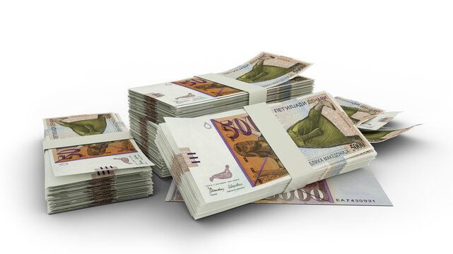3D rendering of Stack of Macedonian denar notes isolated on white background