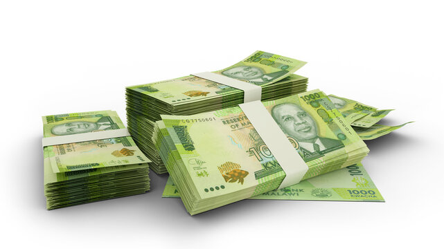 3D Stack of Malawian kwacha notes isolated on white background