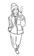 young beautiful girl takes a selfie. vector contour drawing