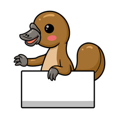 Cute baby platypus cartoon with blank sign