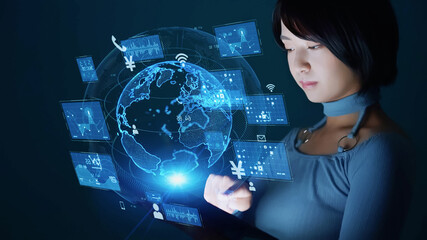 Young asian woman watching hologram screens. Global communication network.