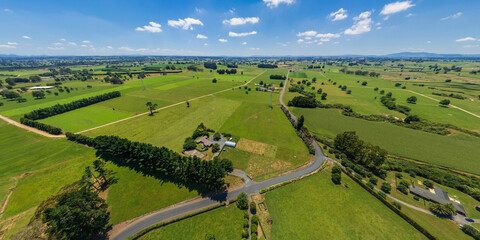 Aerial drone view over lush green farmland in the Waikato region of New Zealand