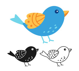 Bird sparrow with cartoon or stamp, doodle outline set. Modern trendy happy character comic stencil birds. Hand drawn flat abstract fun press. Drawing vector illustration