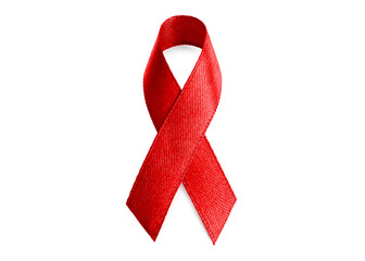 Red ribbon isolated on white. World Cancer Day