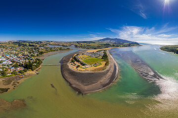 Aerial drone panoramic view over the seaside town of Raglan, on the West Coast of the Waikato...