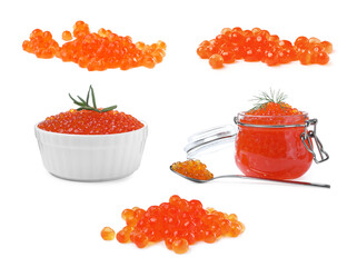 Set with delicious red caviar on white background