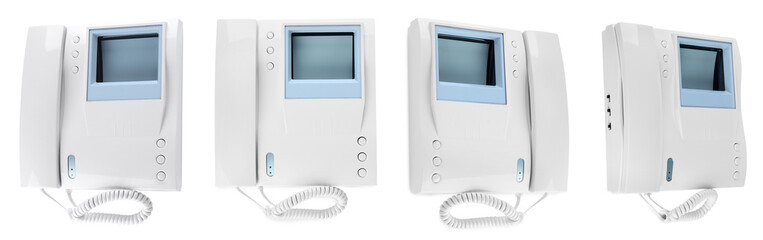 Intercom base stations with handsets on white background, collage. Banner design