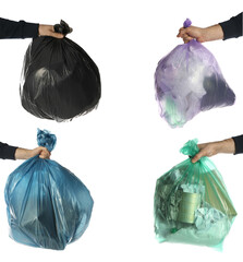 Collage with photos of men holding trash bags on white background, closeup
