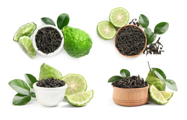 Set with dry tea leaves and bergamot fruits on white background