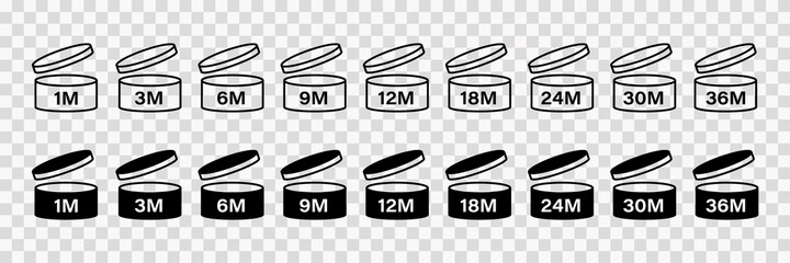PAO cosmetic icons set, marks of period after opening . Expiration time after package opened, black and white labels. 1, 3, 6, 9, 12, 18, 24, 30, 36 month expirity on transparent background, vector - obrazy, fototapety, plakaty