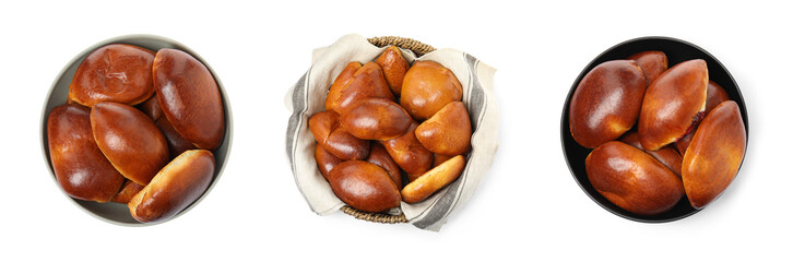 Set with  delicious baked pirozhki on white background, top view. Banner design
