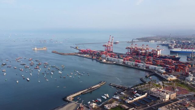 Drone footage of sea port of Callao and the marina and harbor next to it. In Callao, Peru