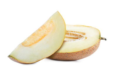 Cut tasty ripe melons on white background