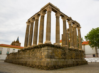 Ruins of ancient Roman Temple of Evora in historical centre of city, Portugal