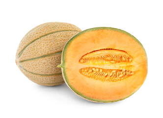 Whole and cut tasty ripe melons on white background
