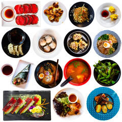 Isolated on white background collage of restaurant and homemade dishes of Japanese cuisine
