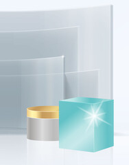 Display for cosmetic geometrical forms. Empty cylinder podium on minimal background. Design for product presentation. 3D vector
