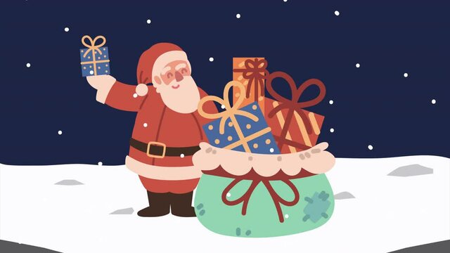 merry christmas animation with santa and gifts bag
