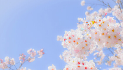 明るい青空に映える満開の桜の花、青空と満開の桜の花のクローズアップ、背景素材