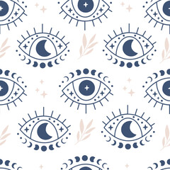 Boho vector seamless pattern. Hand drawn evil eye flat illustration. Magic witchcraft third eye with moon phases on white background. For celestial print, fabric, wallpaper, textile, magical decor.