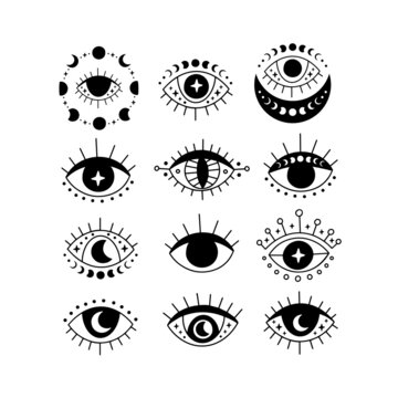 Magic black evil eye vector isolated illustration set. Hamsa eye, third eye. Witchcraft, occult, alchemy symbol. Hand drawn esoteric clipart with moon phases. Decorative element for poster, tarot card
