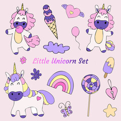 set of cartoon unicorn doodle with other cute object