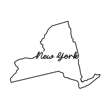 New York US State Outline Map With The Handwritten State Name. Continuous Line Drawing Of Patriotic Home Sign. A Love For A Small Homeland. T-shirt Print Idea. Vector Illustration.