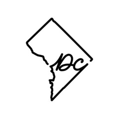 District of Columbia or Washington DC outline map with the handwritten capital name. Continuous line drawing of patriotic home sign. T-shirt print idea. Vector illustration.