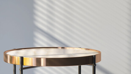 3D render of an empty round marble side table with metallic gold rim for products display. Blind curtain shadow and sunlight on gray wall in background. Overlay, Backdrop, Shinny, Brass, Luxury. - obrazy, fototapety, plakaty