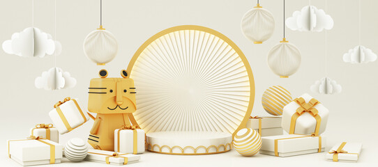 Chinese New Year style red and white podium product showcase with gold and gift, lantern, China pattern scene background. 2022 tiger year Holiday traditional festival concept. 3D rendering