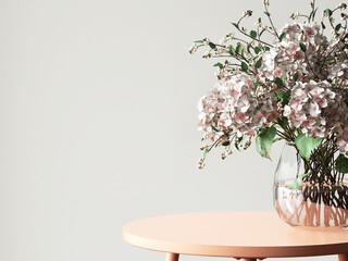3D render of beautiful pink hydrangea bouquet in glass vase on an old roses table with morning sunlight and leaves shadow on blank white wall in background with empty space banner for products mockup.