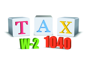 Vector illustration of tax filing concept with colorful tax text W-2 and 1040 texts.