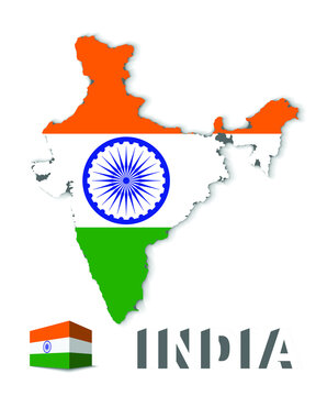 Vector illustration of Indian map with India flag embedded and 3d India text.