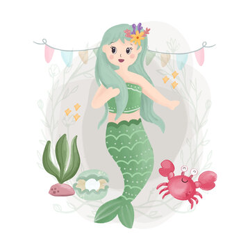 Mermaid with crab and seaweed poster. Beautiful under water mermaid baby girl.