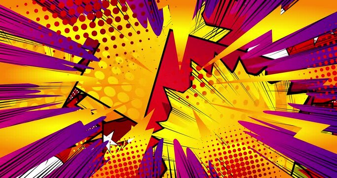 Abstract Comic Book Background Cartoon. Motion poster. 4k animated Comics moving, changing elements, wallpapers. Retro pop art style backdrop.
