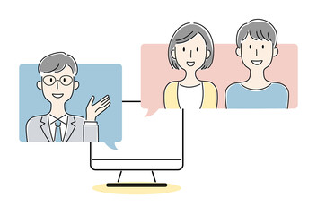 手描き風・オンラインで会話する男女のベクターイラスト