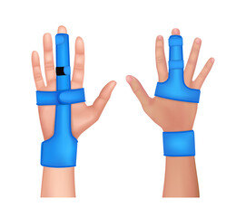 Plastic two sided finger splint with two convenient hook and loop straps on an broken middle finger. Holding a finger straight with orthopedic tool. isolated on white background. 3D vector EPS10.