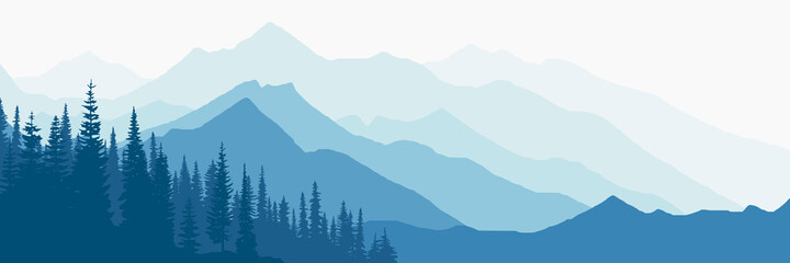 Vector illustration of mountains, ridge in the morning haze, panoramic view	