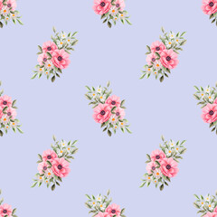 Spring flowers seamless pattern. Botanical background. Arrangement of pink and white wildflowers.