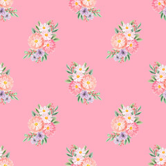Spring flowers seamless pattern. Botanical background. Arrangement of pink and white wildflowers.
