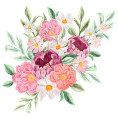 Meubelstickers Bouquet of spring flowers. Isolated botanical illustration for design of invitations, greeting cards. Composition of pink and white wildflowers. © iuvmiro