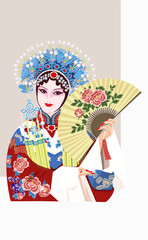 Beautiful female illustration of Chinese opera with fan