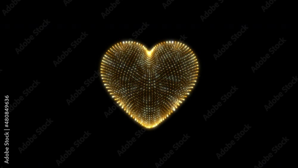 Poster abstract animation 3d heart of golden blinking glow wire mesh on black background. 4k 3d seamless lo
